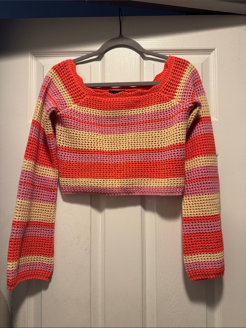 Striped Off-Shoulder Crochet Crop Sweater - orange, Pink & Cream